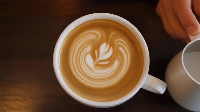 Milk Being Poured Into White Coffee Cup on Dark Brown Wooden Table