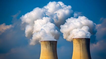 Nuclear Power Plant Cooling Towers Emitting Steam Against Blue Sky.
