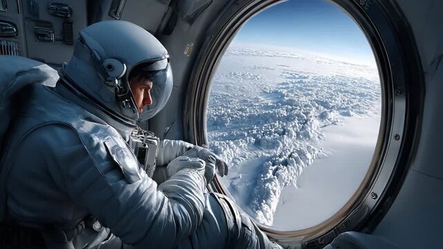 Astronaut's Orbital View: An astronaut gazes out the window of a spacecraft, beholding the breathtaking expanse of Earth's icy landscapes and the curvature of the horizon.