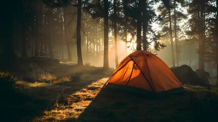 Orange Tent Bathed in Golden Morning Sunlight in a Misty Forest.