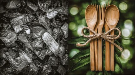 Split composition contrasts a chaotic heap of disposable plastic utensils with neatly tied bamboo cutlery on lush green leaves, powerfully highlighting sustainability, zero waste, and eco choices.