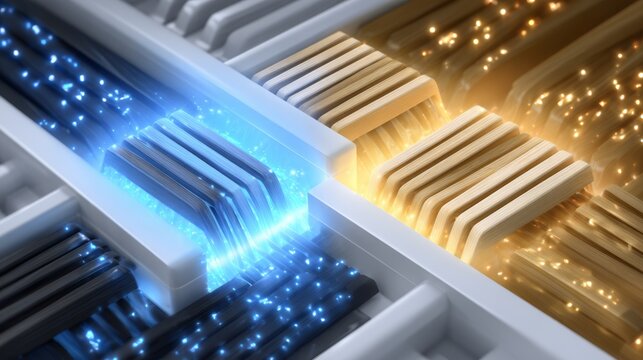 Abstract visualization of luminous blue and golden lines streaming through geometric channels, representing high-speed data transfer, digital networks, and modern technology infrastructure.