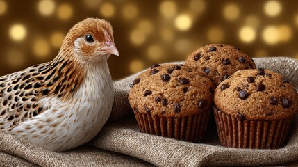 A small speckled bird sits next to freshly baked chocolate chip muffins on rustic burlap with warm bokeh lights, creating a cozy, whimsical scene perfect for seasonal food stories.