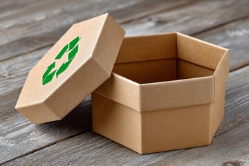 Eco-friendly hexagonal kraft box with a recycling symbol sits open on aged wood, ideal for packaging concepts, sustainability campaigns, and zero waste branding visuals.