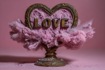 Dramatic heart shaped sculpture filled with pink powder erupts in a cloud around bold wooden letters, ideal for dynamic romance campaigns, posters, and creative branding concepts.