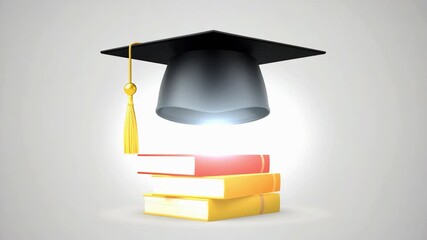 A black mortarboard with a gold tassel hovers over a stack of colorful books, signifying graduation, learning, and educational success, 4K video.