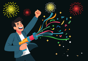 Illustration Happy Man Celebrating with Confetti Cannon Paper Shooter