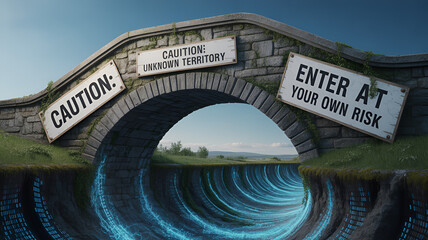 This image is a piece of digital art that serves as a visual metaphor for risk, personal responsibility, or a potentially dangerous journey. The image depicts a stone arch bridge with the signs "CAUTI
