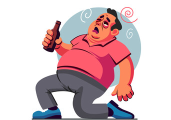 Illustration Drunk Man Holding Beer Bottle and Feeling Dizzy