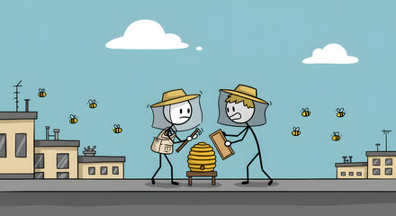 Stick Figure Beekeepers Working with Beehive on City Rooftop Illustration