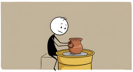 Stick figure character creating a clay pot on a potter's wheel, engaged in pottery art and craft hobby