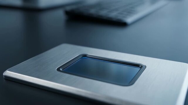 Blue fingerprint biometric scanner on metal sensor pad glowing for security access authentication and scanner controlled metal reader