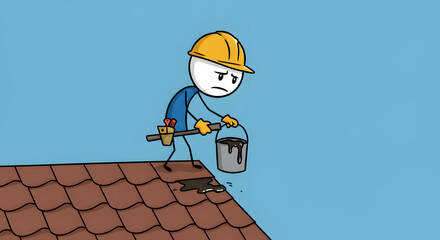 Frustrated Stick Figure Roofer Spills Tar on Tiled Roof - Home Repair Mishap