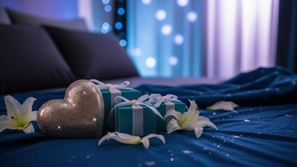 Heart-shaped ornament and gift box with flowers