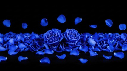 Blue roses and petals on black background