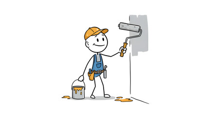 Cartoon painter character in overalls with roller and paint bucket, renovating a wall. Home improvement illustration.