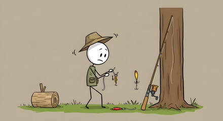 Confused cartoon fisherman untangling fishing lures by a tree, preparing for angling adventure with rod and tackle.