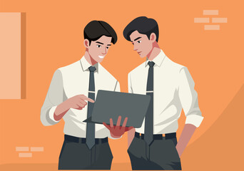 Illustration Two Male University Students Studying and Collaborating with LaptopIllustration Two Male University Students Studying and Collaborating with Laptop