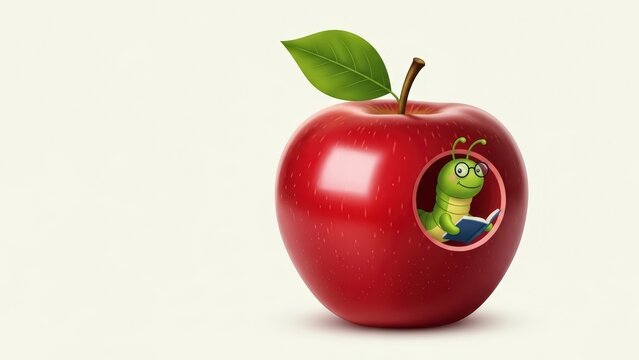 Worm reading a book inside a red apple on a white background.