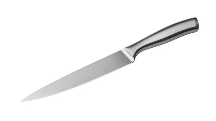 Obraz premium Sharp kitchen knife with black handle in sleek modern design with sharp edge on white background for cooking and culinary use
