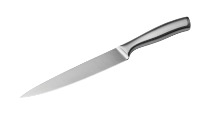 Sharp kitchen knife with black handle in sleek modern design with sharp edge on white background for cooking and culinary use