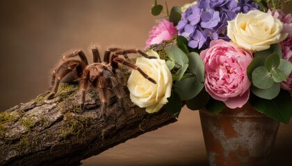 Close up of a large hairy spider perched on a mossy tree branch next to a vibrant bouquet of pink and purple flowers in a rustic pot under soft lighting