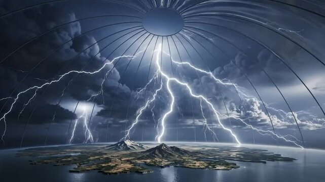 Massive lightning strikes hitting isolated mountains within a futuristic control dome - Extreme weather simulation.