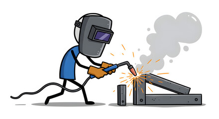 Stick Figure Welder at Work: Cartoon Illustration of a Worker Welding Metal with Sparks and Smoke