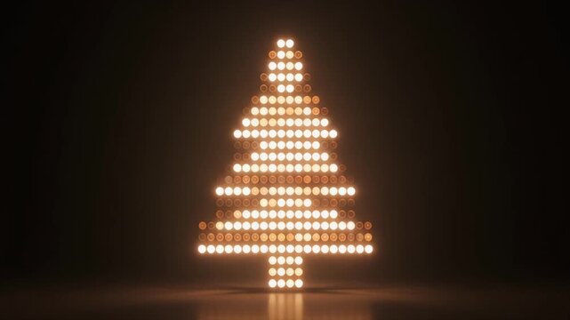 A glowing Christmas tree made of individual light bulbs against a dark background, creating a festive and warm holiday display.