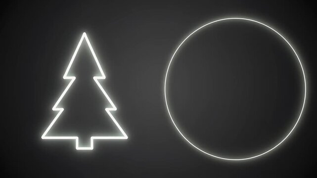 White neon outline of a Christmas tree and a circle glowing on a dark gray background.