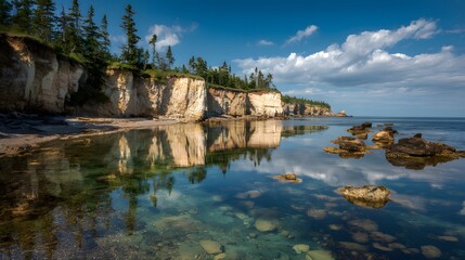 Scenic Coastal Cliffs Reflecting in Calm Ocean Waters Under a Blue Sky.