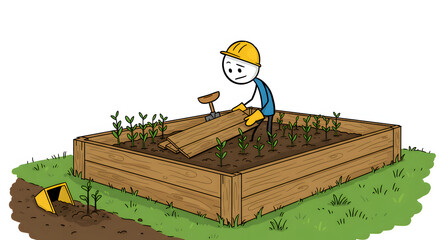 Stick figure building a wooden raised garden bed and planting seedlings. DIY home gardening project, cartoon illustration.
