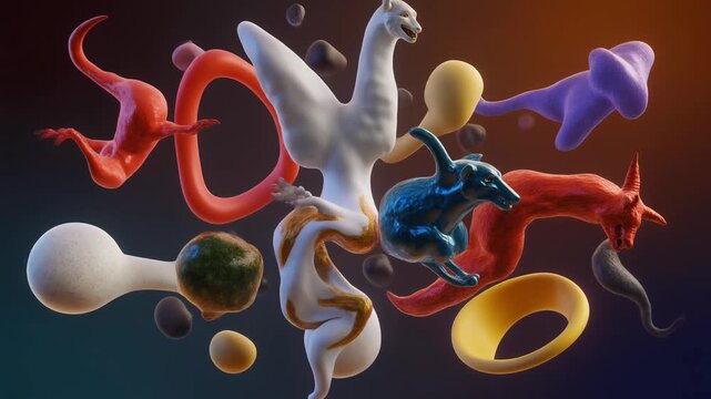 七つの大罪を象徴する抽象的な形の幻想世界