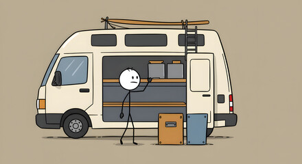 Animated Stick Figure Packing Camper Van for Road Trip Adventure
