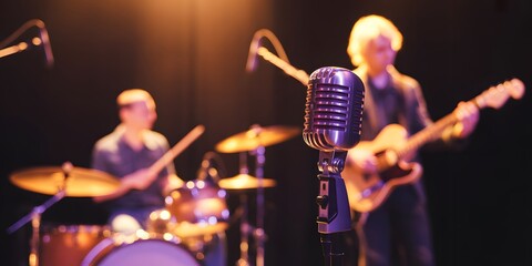 Vintage Microphone On Stage With Live Band Performing Concert Music