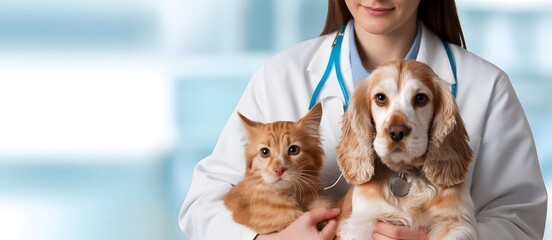 Veterinarian Holding Dog And Cat In Modern Animal Clinic
