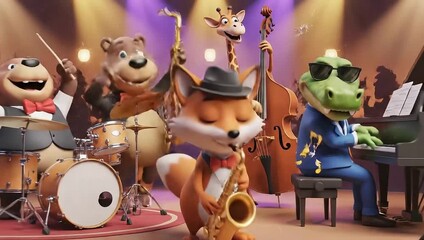 A lively animated jazz band of animal characters performs on stage under vibrant spotlights, with a fox playing saxophone, a bear on drums, and an alligator at the piano.