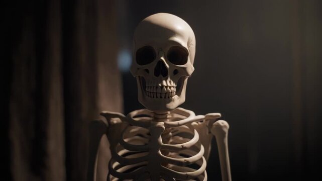 Human Skeleton Model in Dark Room with Creepy Dramatic Lighting