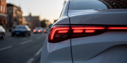 Modern Car LED Taillight Close Up on City Street at Dusk