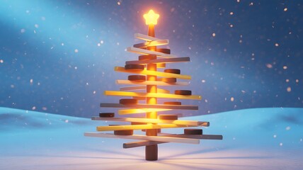 Modern Glowing Christmas Tree Made of Hockey Pucks and Sticks in Winter Snow