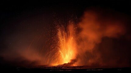 Volcanic eruption at night with lava flow