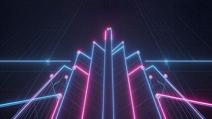 "A vibrant, futuristic abstract illustration of glowing, holographic 3D geometric shapes and interconnected neon lines against a dark background. The image features transparent cubes and spheres glowi