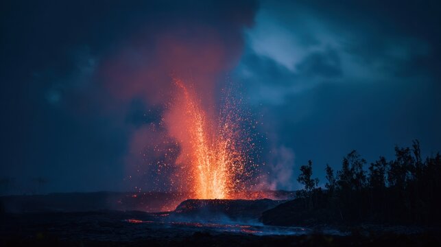 Volcanic eruption lava flow night scene - Powered by Adobe