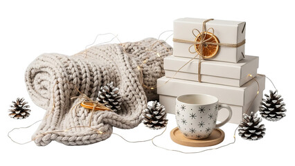 Cozy Winter Holiday Scene With Gifts Knit Blanket And Mug