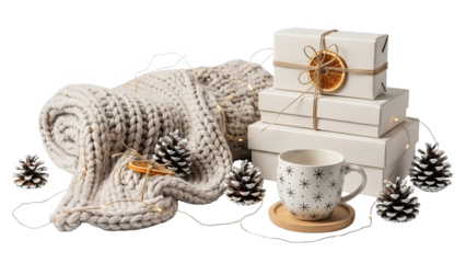 Cozy Winter Holiday Scene With Gifts Knit Blanket And Mug
