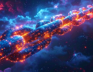 Glowing digital chain stretches across a cosmic, starry sky