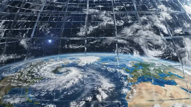 Earth Globe Encased in Futuristic Crystal Grid Dome Rotating in Dark Space - Sci-Fi Containment Concept