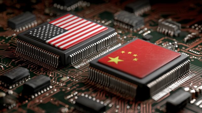 Close-up of circuit board with microchips adorned with flags, symbolizing international trade & competition - Powered by Adobe