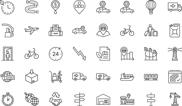 Professional line icon set featuring global logistics, shipping delivery truck, air freight, maritime cargo ship, navigation map pins, and industrial warehouse transportation symbols.