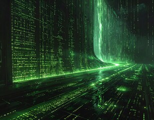 Futuristic digital cityscape with luminous green light and falling data